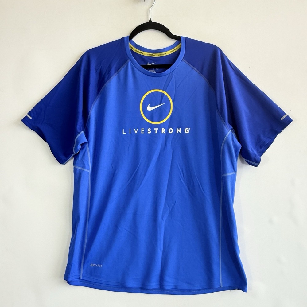 Nike Dri-Fit Livestrong Shirt‎ Mens XL Blue Logo Cycle Jersey Athletic Mesh Top
